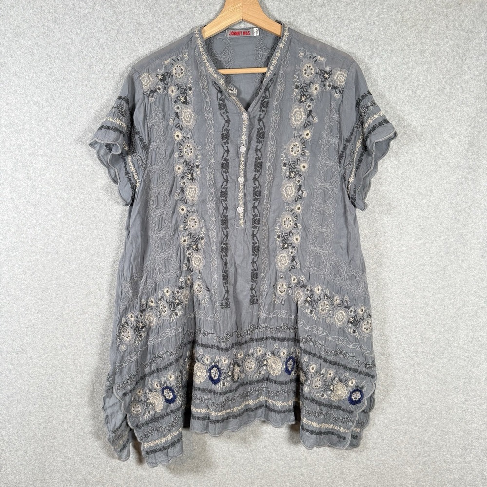 Johnny Was Kones Tunic Top Gray Embroidered Short Sleeve Button Front Size Large